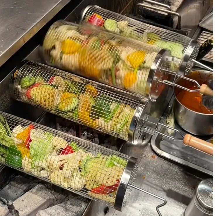 Rolling BBQ Grill Basket, Stainless Steel Rotating Grill Cage