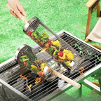 Rolling BBQ Grill Basket, Stainless Steel Rotating Grill Cage