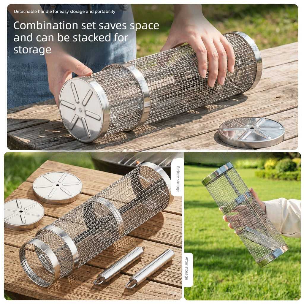 Rolling BBQ Grill Basket, Stainless Steel Rotating Grill Cage