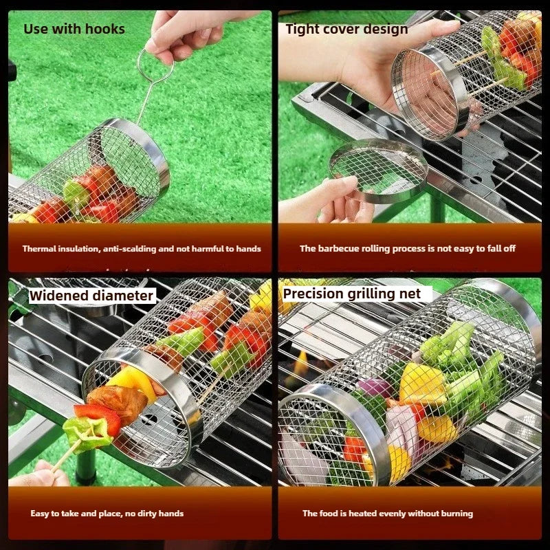 Rolling BBQ Grill Basket, Stainless Steel Rotating Grill Cage