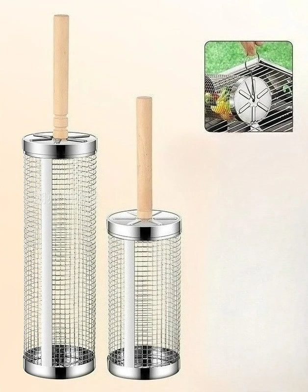 Rolling BBQ Grill Basket, Stainless Steel Rotating Grill Cage